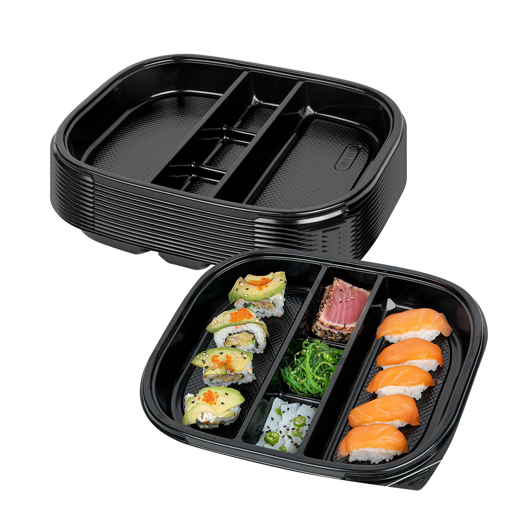 Bento Tek 51 oz Rectangle Black Plastic Bento Box - 5 Compartments - 12 1/4" x 9 3/4" x 1 1/2" - 50 count box