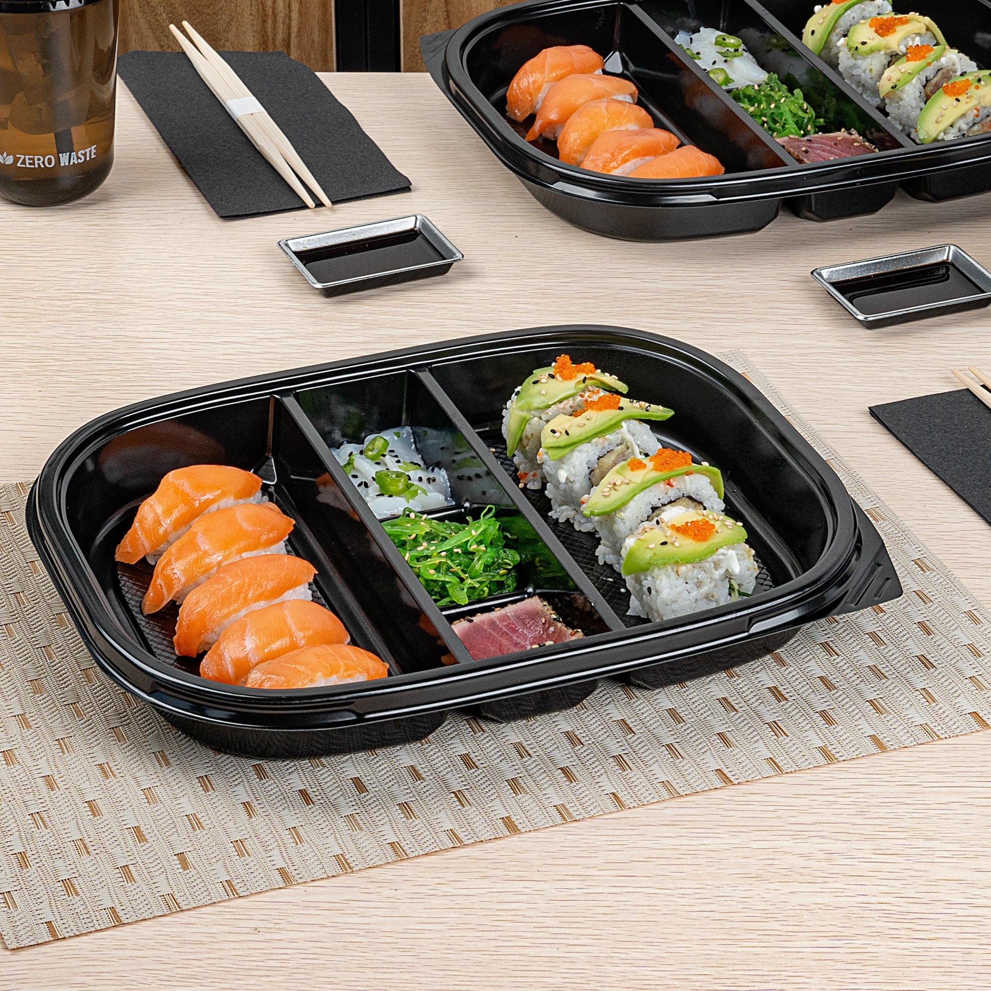 Bento Tek 51 oz Rectangle Black Plastic Bento Box - 5 Compartments - 12 1/4" x 9 3/4" x 1 1/2" - 50 count box