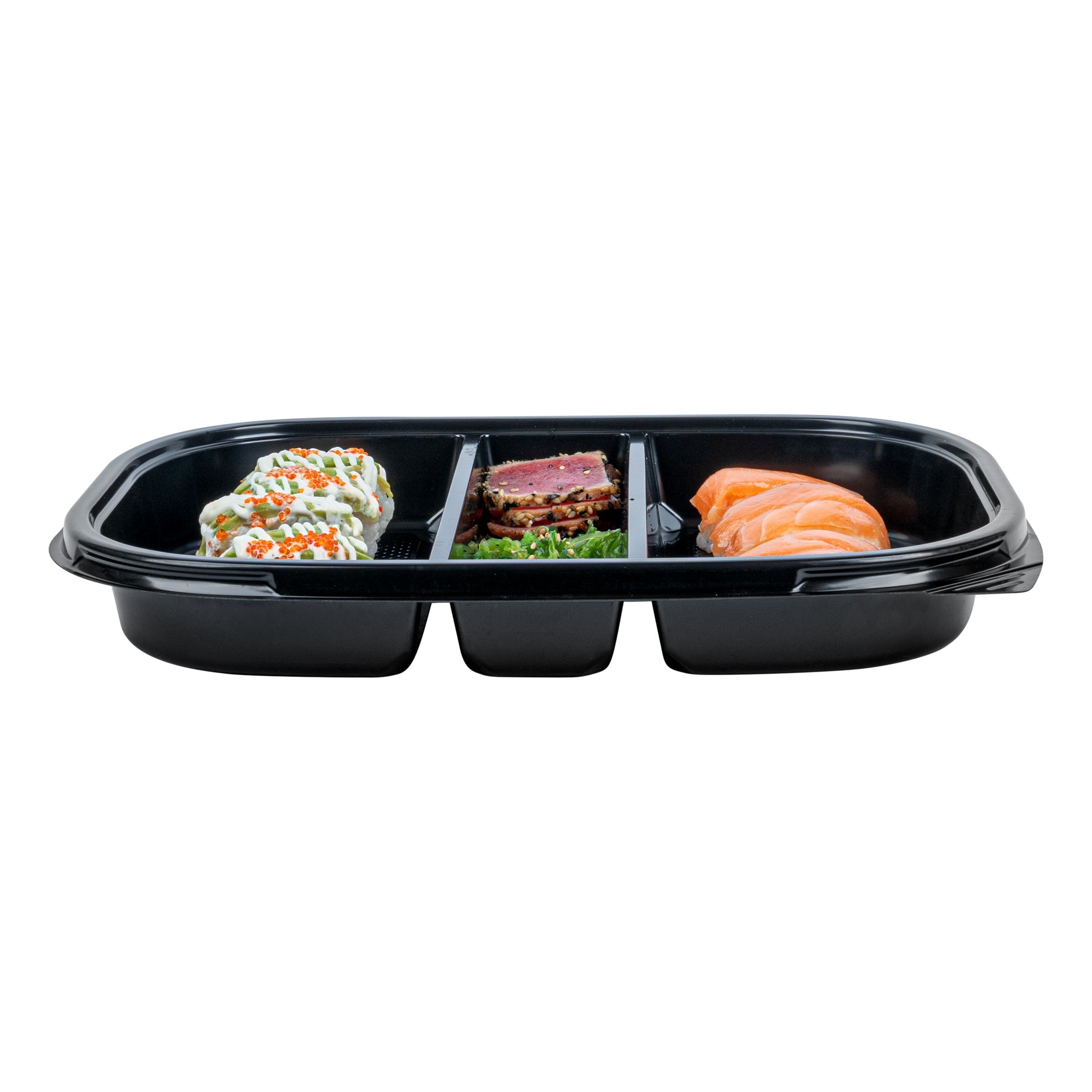 Bento Tek 51 oz Rectangle Black Plastic Bento Box - 5 Compartments - 12 1/4" x 9 3/4" x 1 1/2" - 50 count box