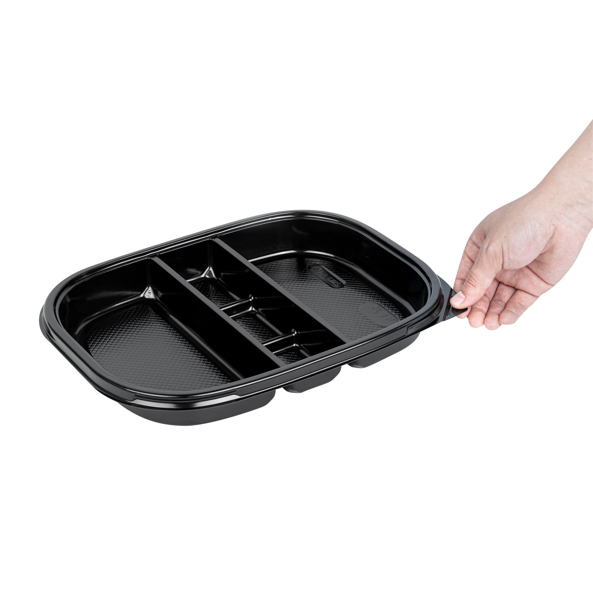 Bento Tek 51 oz Rectangle Black Plastic Bento Box - 5 Compartments - 12 1/4" x 9 3/4" x 1 1/2" - 50 count box