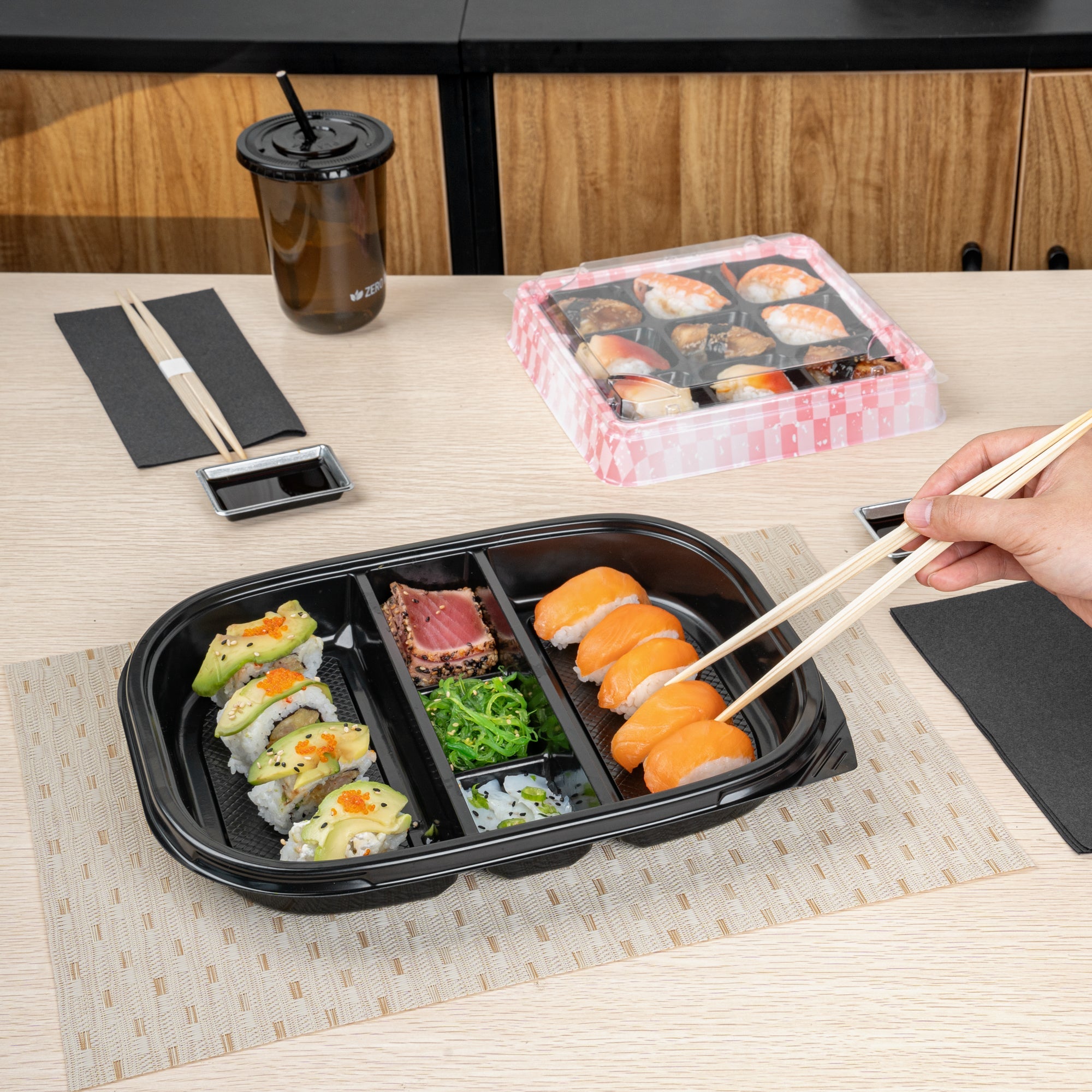 Bento Tek 51 oz Rectangle Black Plastic Bento Box - 5 Compartments - 12 1/4" x 9 3/4" x 1 1/2" - 50 count box