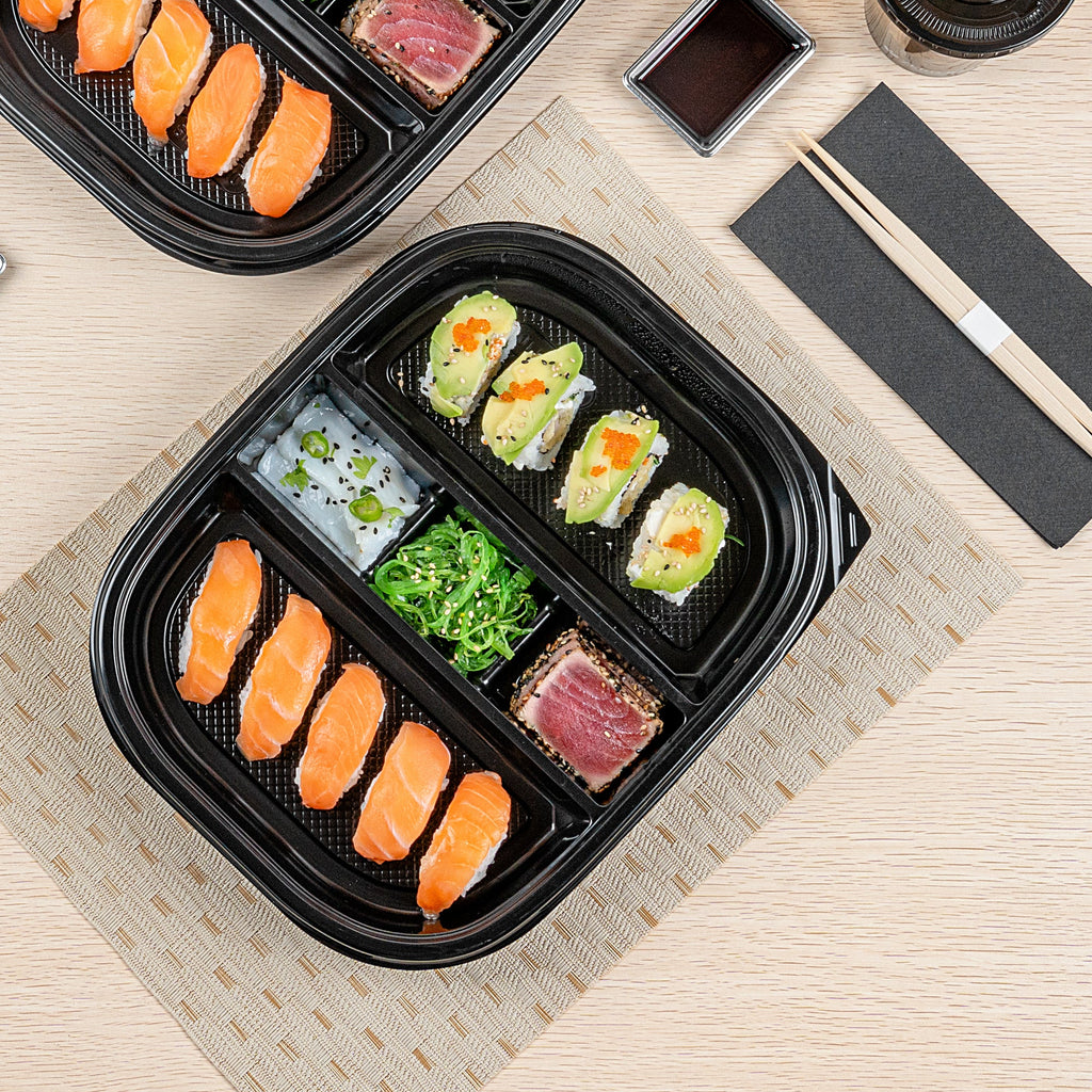 Bento Tek 51 oz Rectangle Black Plastic Bento Box - 5 Compartments - 12 1/4" x 9 3/4" x 1 1/2" - 50 count box