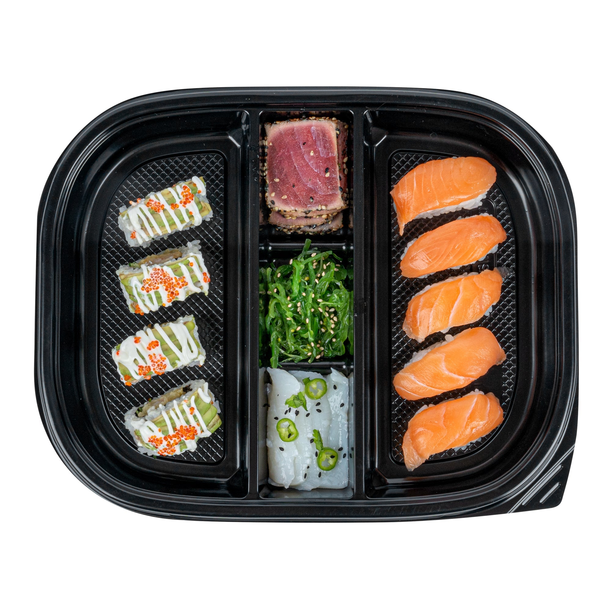 Bento Tek 51 oz Rectangle Black Plastic Bento Box - 5 Compartments - 12 1/4" x 9 3/4" x 1 1/2" - 100 count box