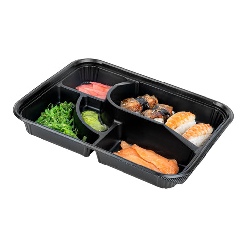 Bento Tek 26 oz Rectangle Black Plastic Bento Box - 5 Compartments - 10 1/2" x 8" x 1 3/4" - 50 count box