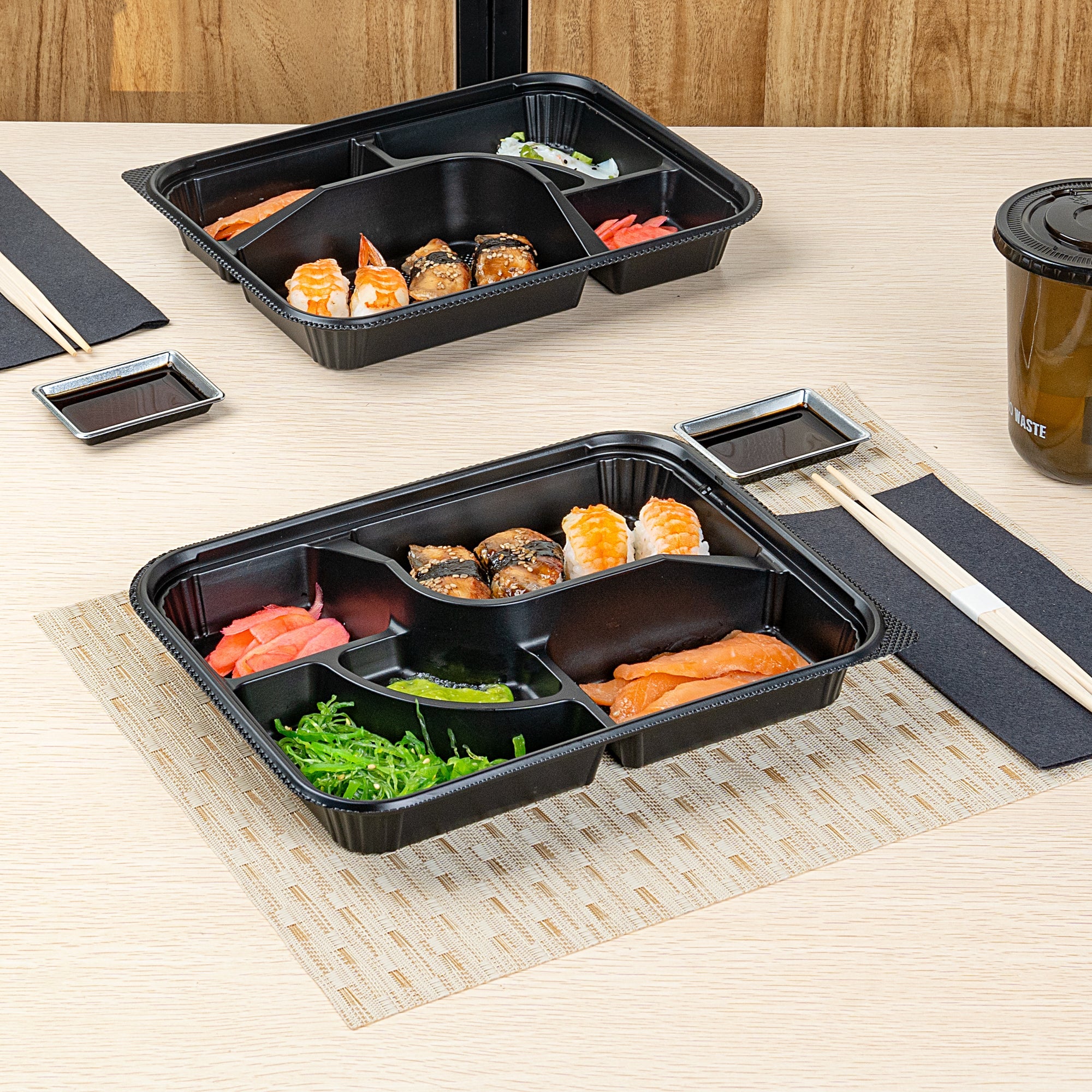 Bento Tek 26 oz Rectangle Black Plastic Bento Box - 5 Compartments - 10 1/2" x 8" x 1 3/4" - 50 count box
