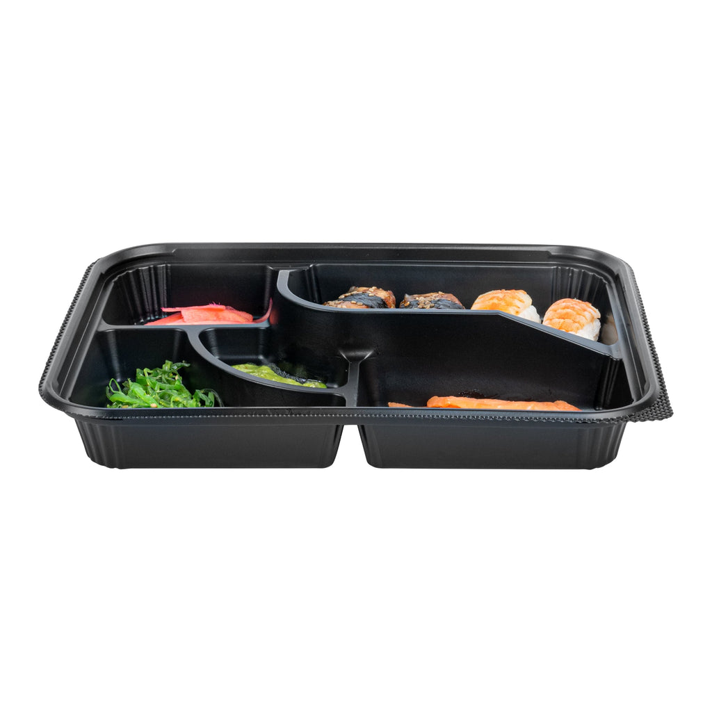 Bento Tek 26 oz Rectangle Black Plastic Bento Box - 5 Compartments - 10 1/2" x 8" x 1 3/4" - 50 count box