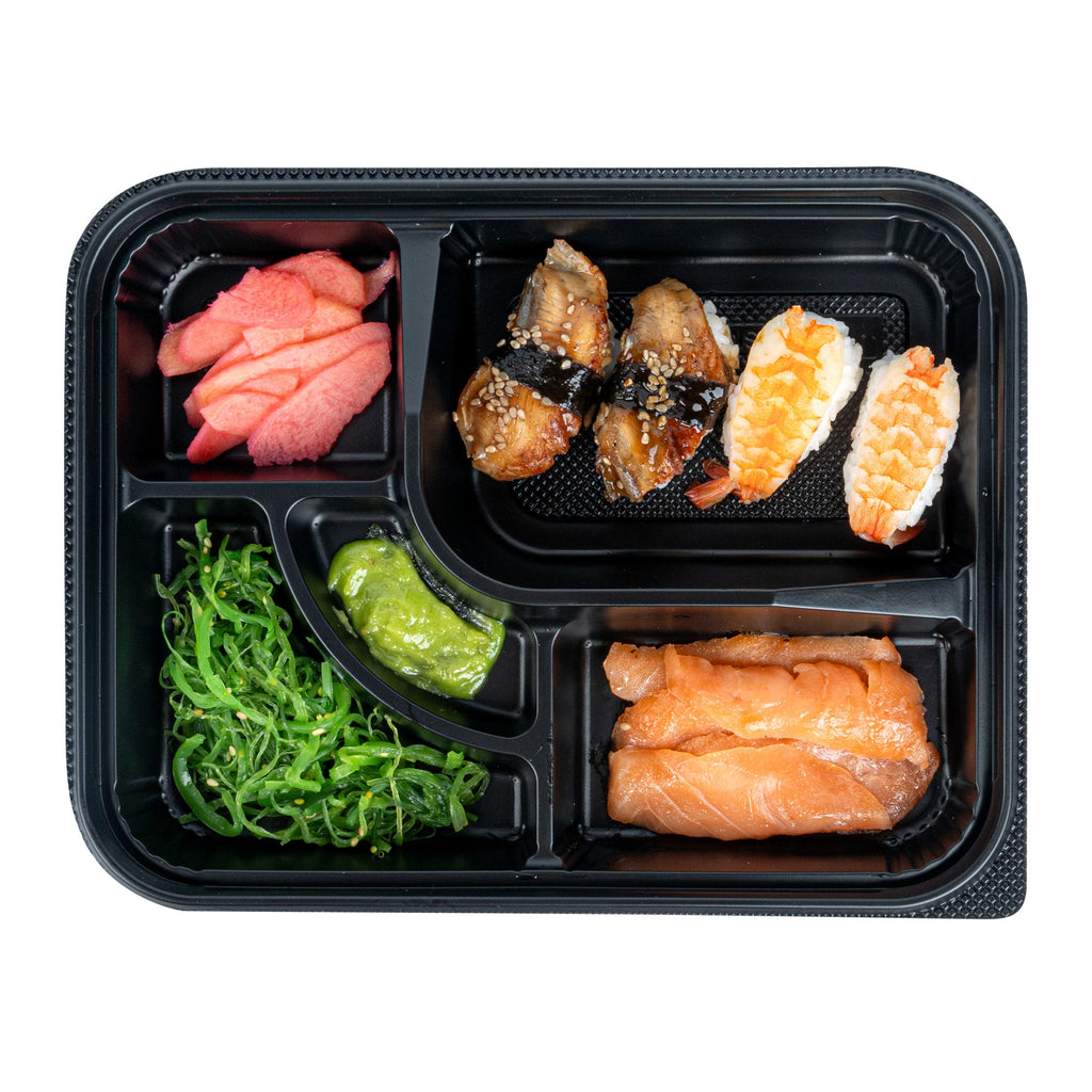 Bento Tek 26 oz Rectangle Black Plastic Bento Box - 5 Compartments - 10 1/2" x 8" x 1 3/4" - 50 count box