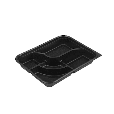 Bento Tek 26 oz Rectangle Black Plastic Bento Box - 5 Compartments - 10 1/2" x 8" x 1 3/4" - 50 count box