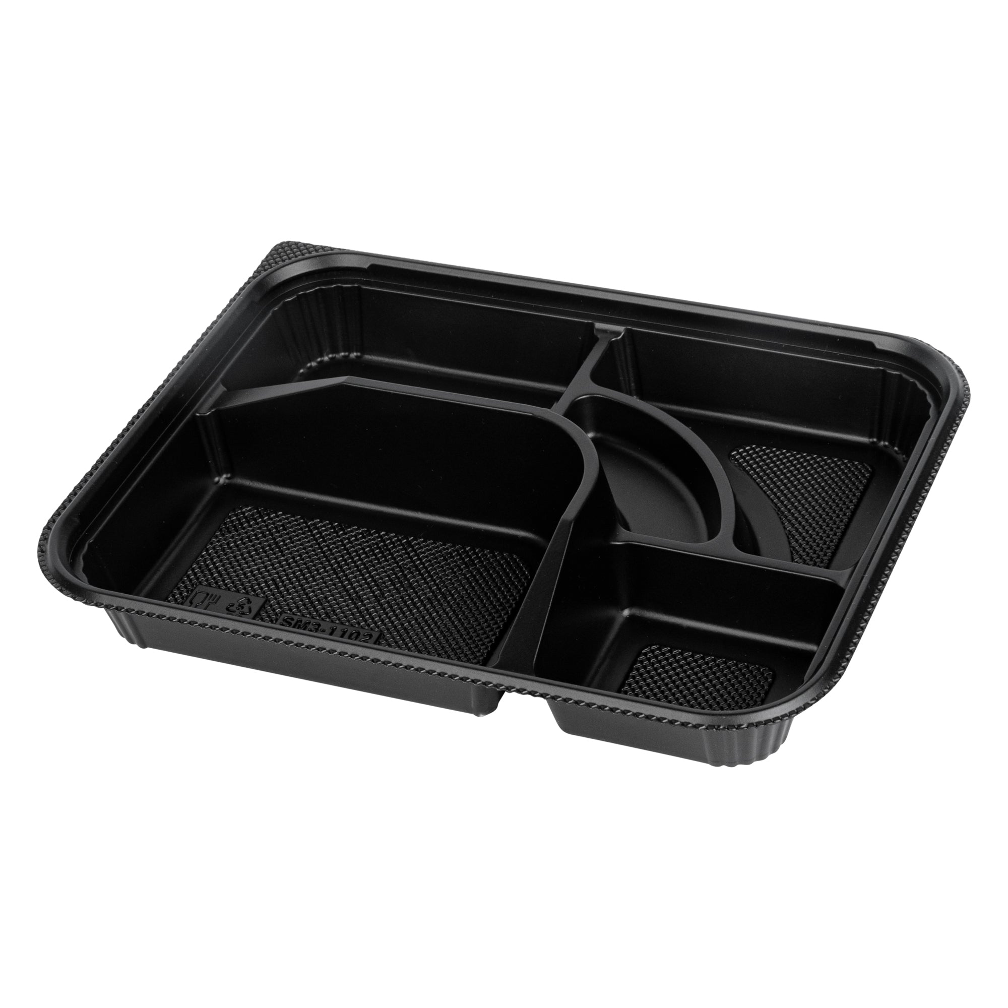 Bento Tek 26 oz Rectangle Black Plastic Bento Box - 5 Compartments - 10 1/2" x 8" x 1 3/4" - 50 count box