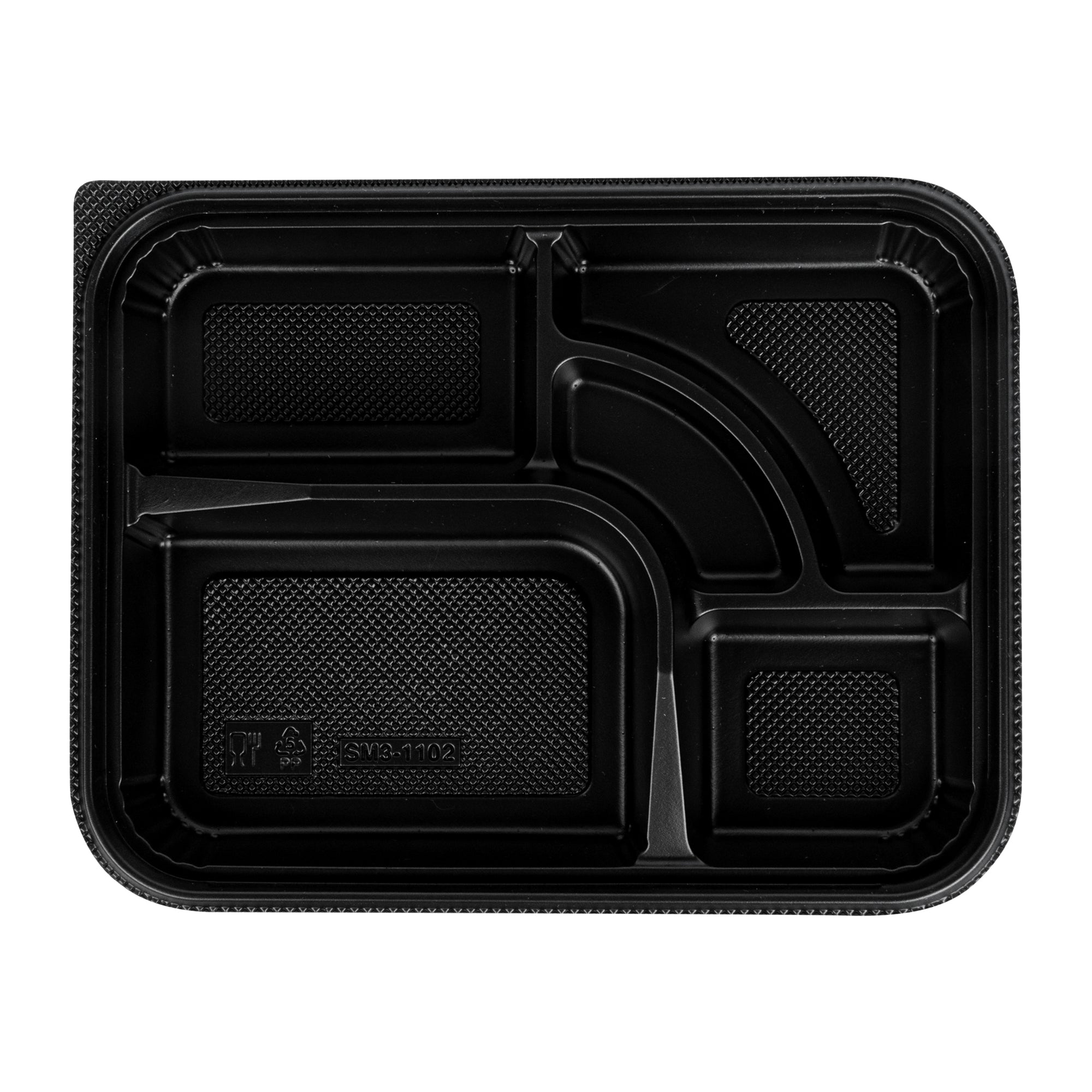 Bento Tek 26 oz Rectangle Black Plastic Bento Box - 5 Compartments - 10 1/2" x 8" x 1 3/4" - 50 count box