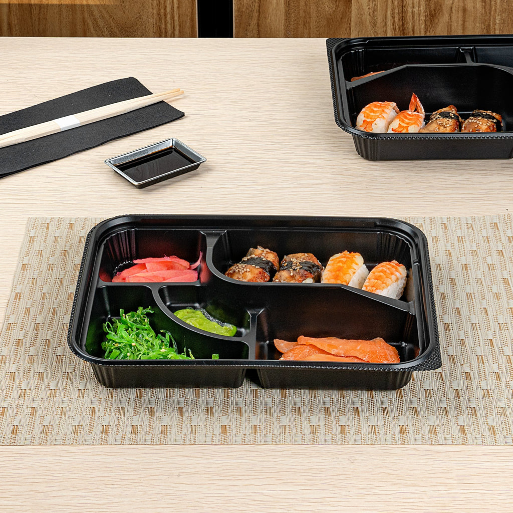 Bento Tek 26 oz Rectangle Black Plastic Bento Box - 5 Compartments - 10 1/2" x 8" x 1 3/4" - 50 count box
