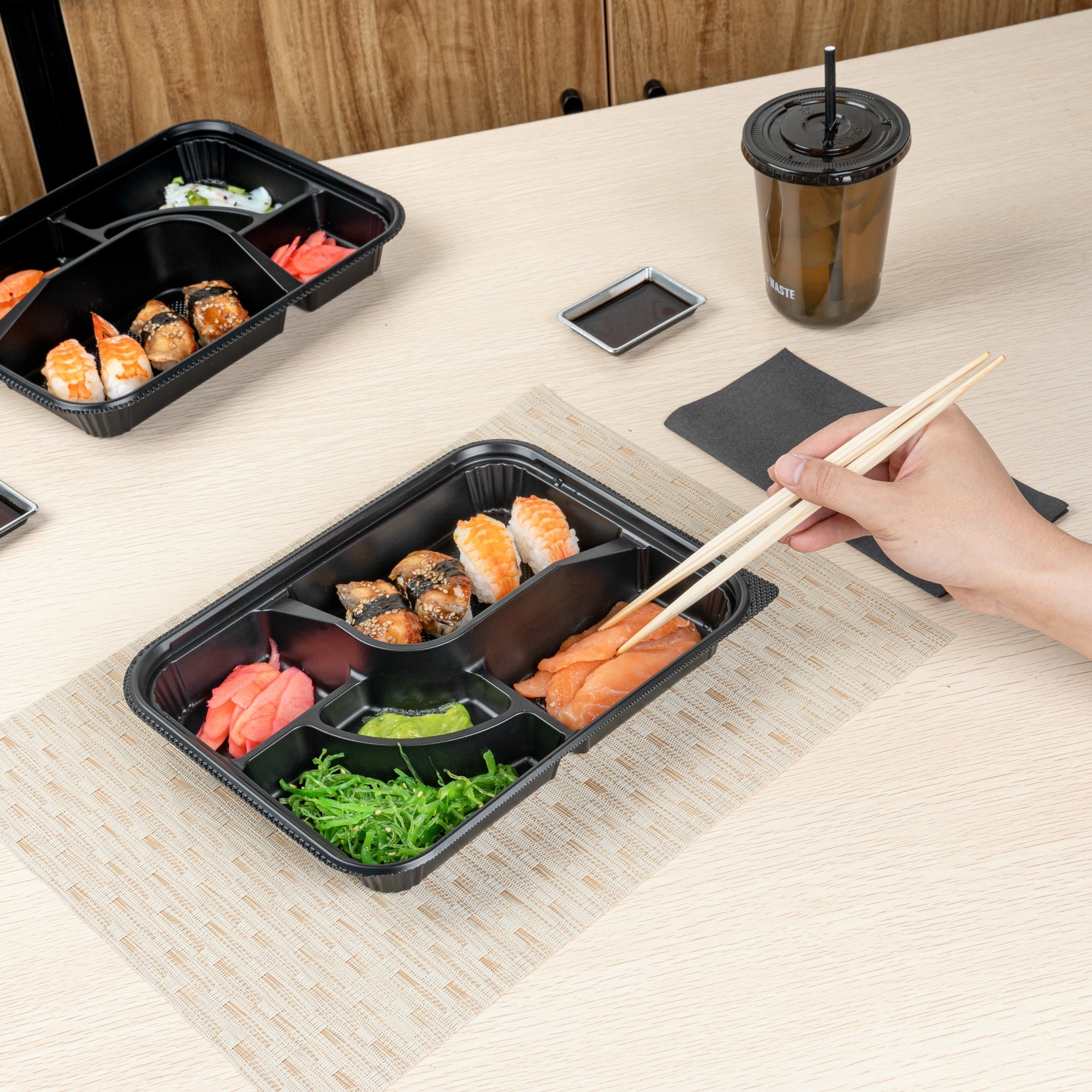 Bento Tek 26 oz Rectangle Black Plastic Bento Box - 5 Compartments - 10 1/2" x 8" x 1 3/4" - 50 count box