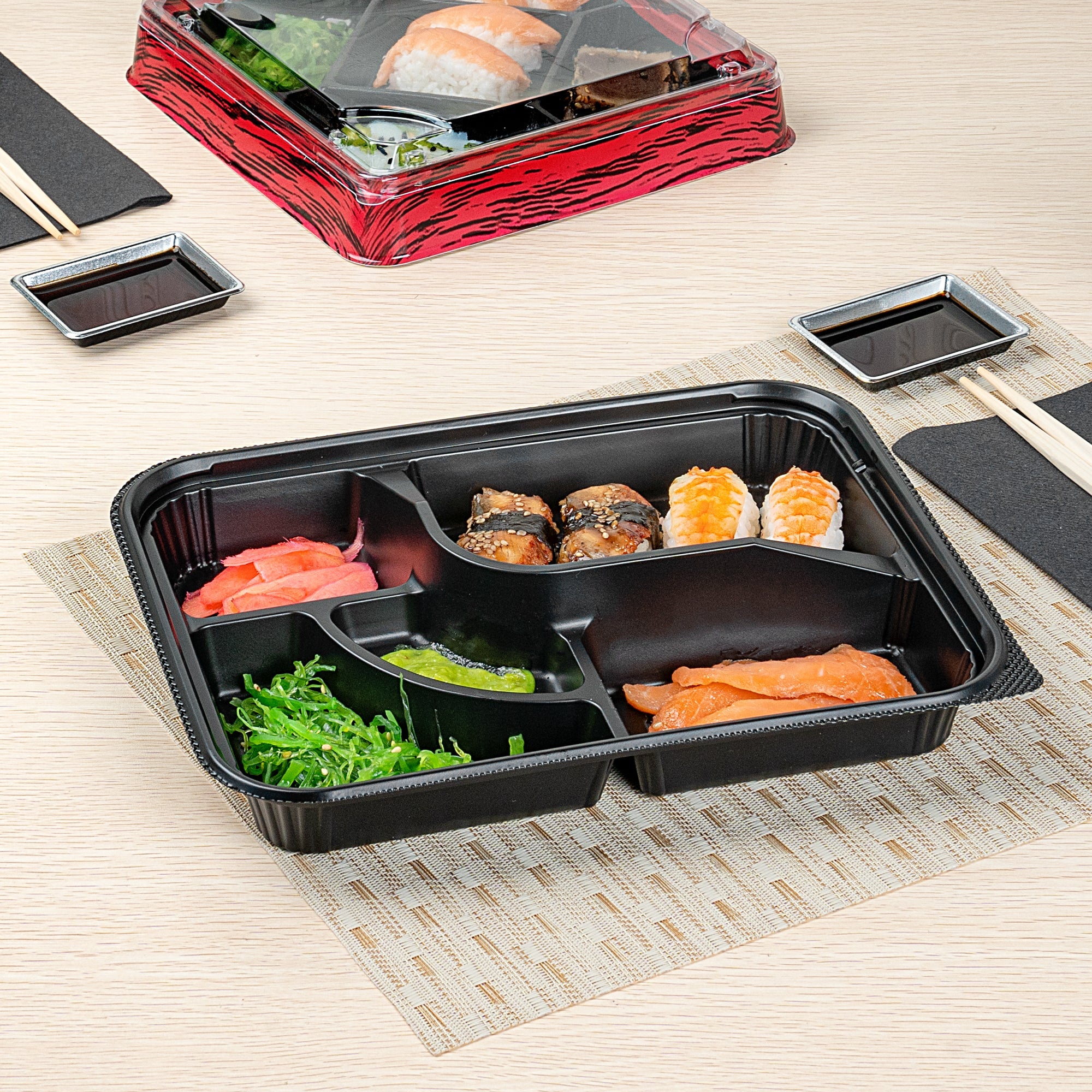 Bento Tek 26 oz Rectangle Black Plastic Bento Box - 5 Compartments - 10 1/2" x 8" x 1 3/4" - 50 count box