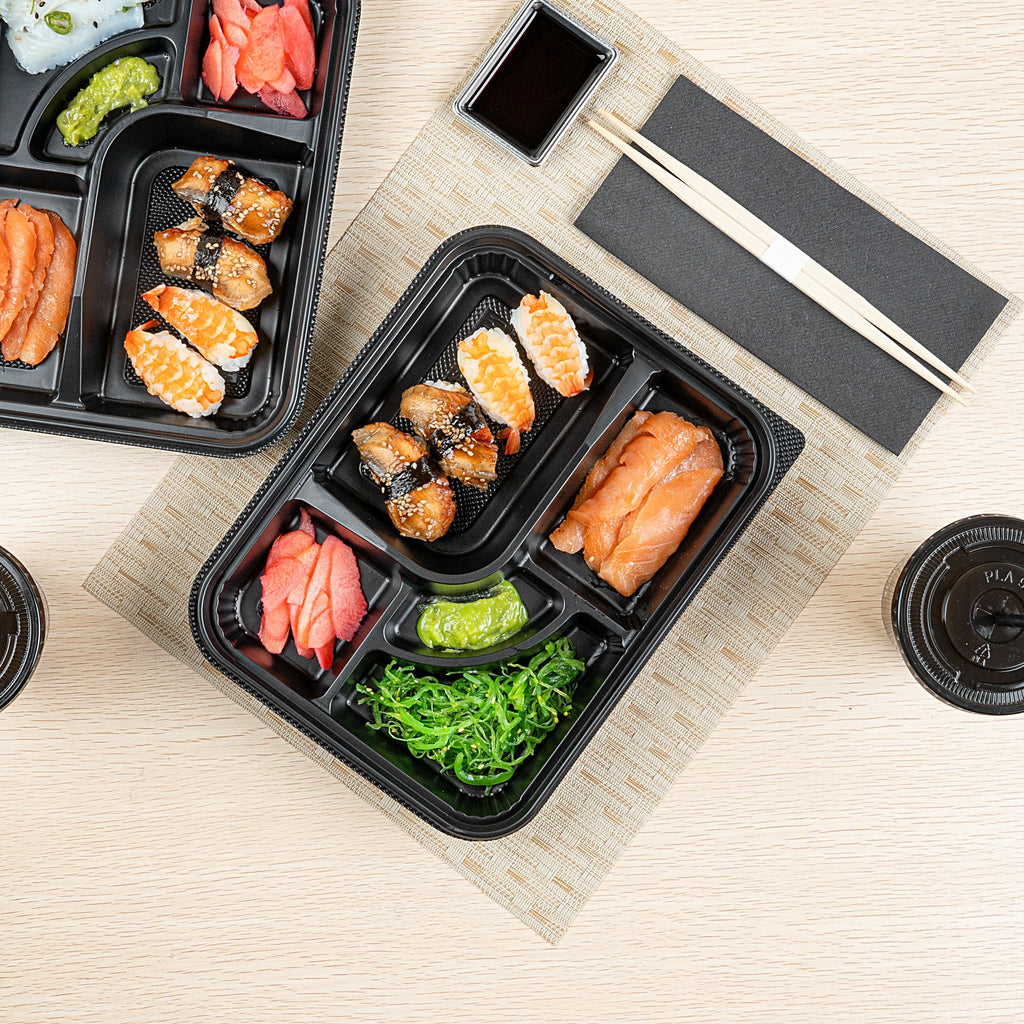 Bento Tek 26 oz Rectangle Black Plastic Bento Box - 5 Compartments - 10 1/2" x 8" x 1 3/4" - 50 count box