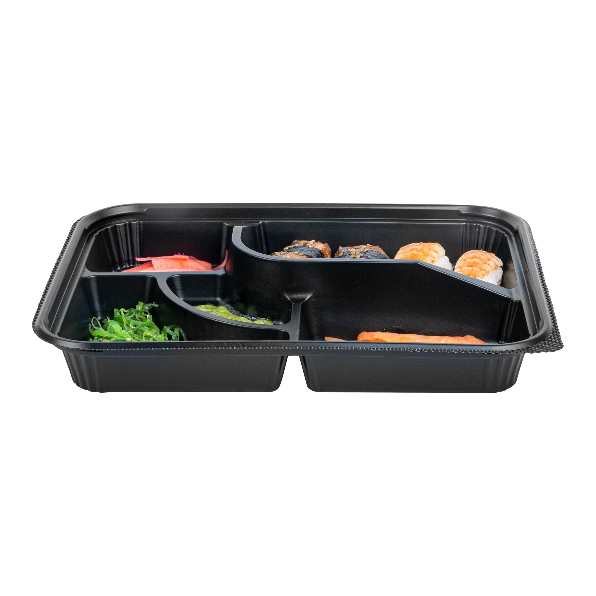 Bento Tek 26 oz Rectangle Black Plastic Bento Box - 5 Compartments - 10 1/2" x 8" x 1 3/4" - 100 count box