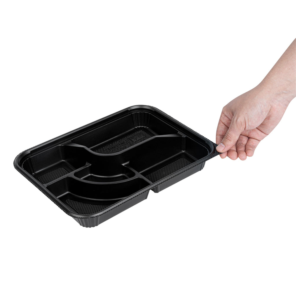 Bento Tek 26 oz Rectangle Black Plastic Bento Box - 5 Compartments - 10 1/2" x 8" x 1 3/4" - 100 count box
