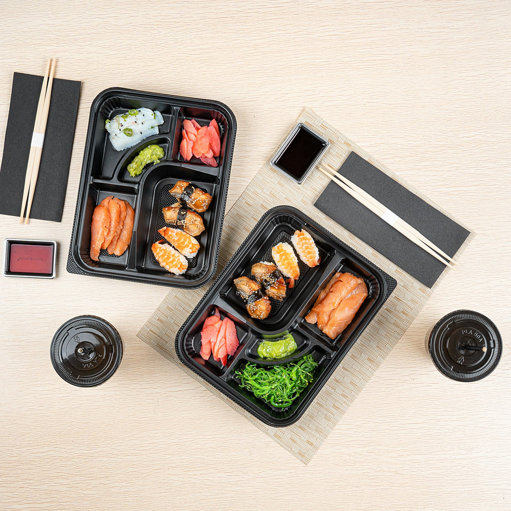 Bento Tek 26 oz Rectangle Black Plastic Bento Box - 5 Compartments - 10 1/2" x 8" x 1 3/4" - 100 count box