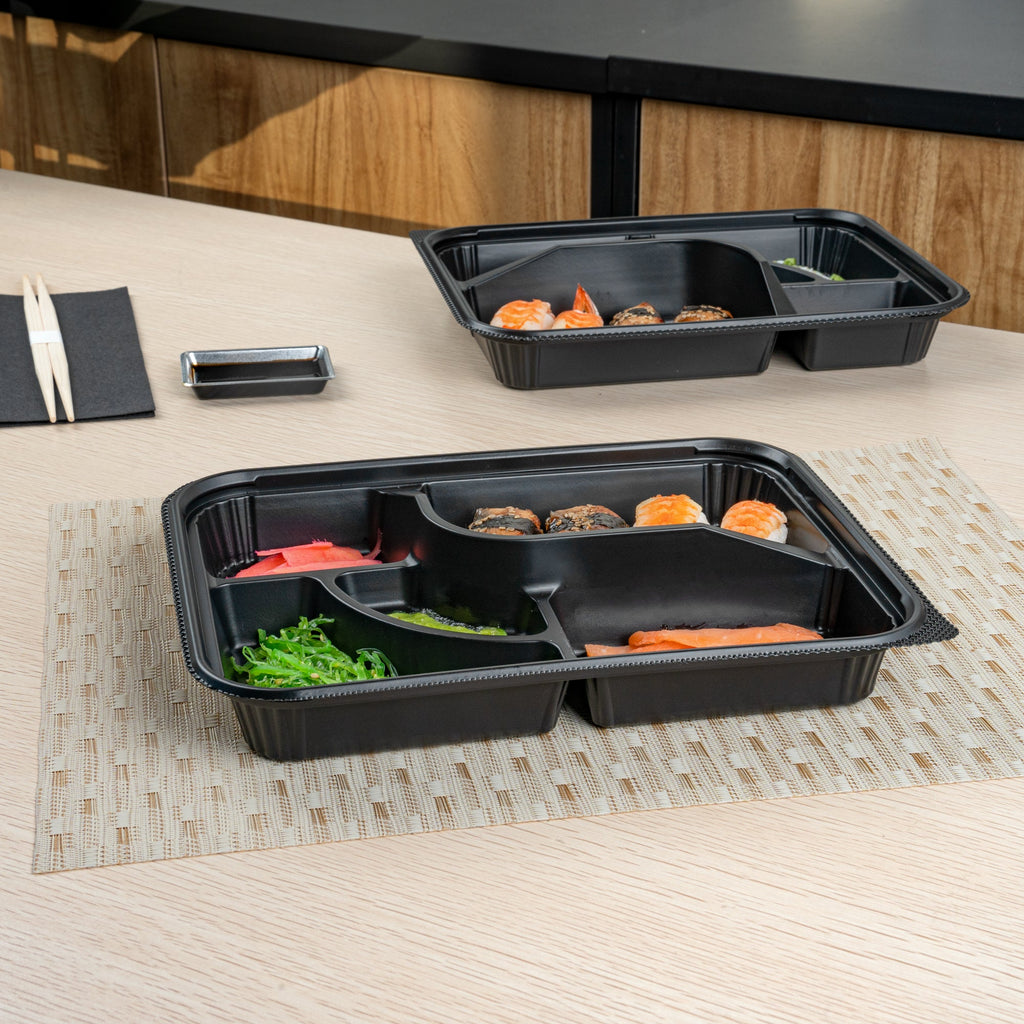 Bento Tek 26 oz Rectangle Black Plastic Bento Box - 5 Compartments - 10 1/2" x 8" x 1 3/4" - 100 count box