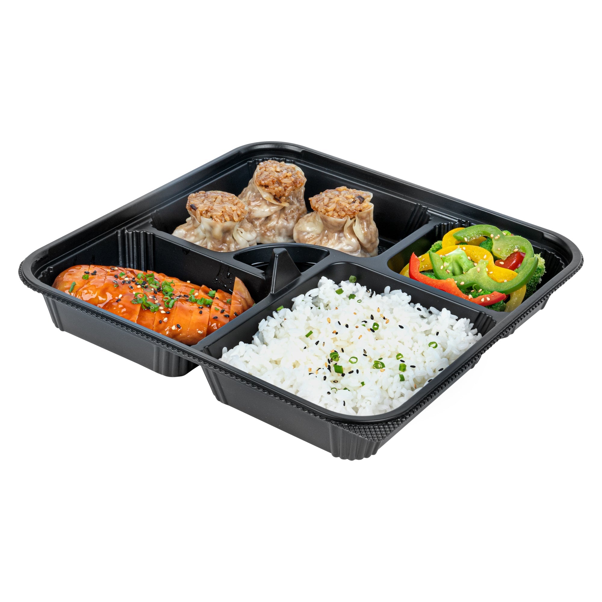Bento Tek 40 oz Square Black Plastic Bento Box - 5 Compartments, Microwavable - 10 1/2" x 10 1/2" x 2" - 50 count box