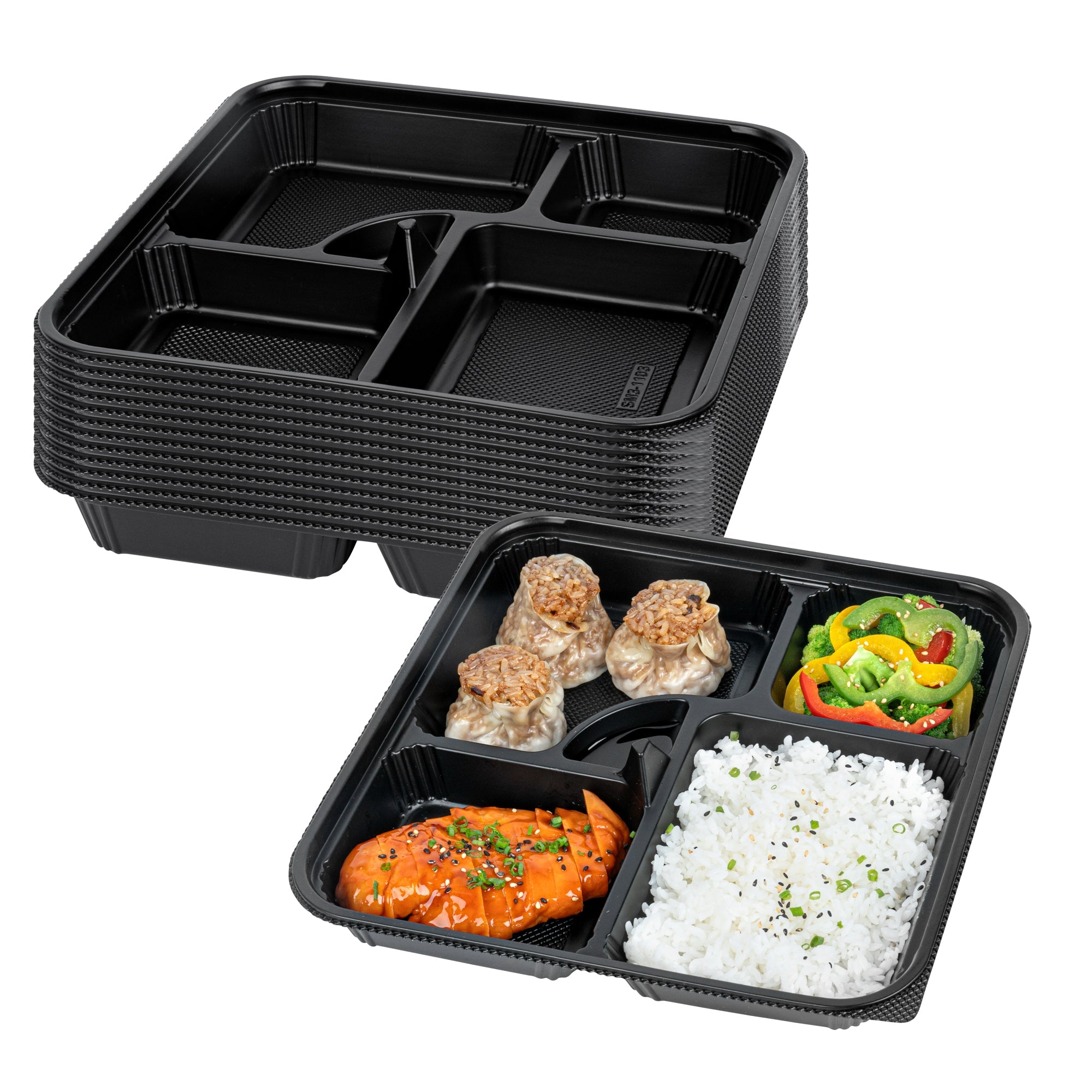Bento Tek 40 oz Square Black Plastic Bento Box - 5 Compartments, Microwavable - 10 1/2" x 10 1/2" x 2" - 50 count box
