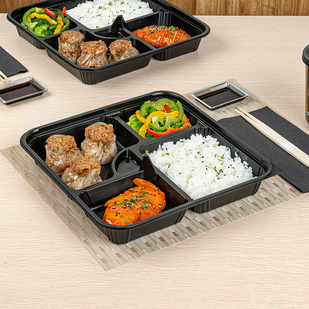 Bento Tek 40 oz Square Black Plastic Bento Box - 5 Compartments, Microwavable - 10 1/2" x 10 1/2" x 2" - 50 count box