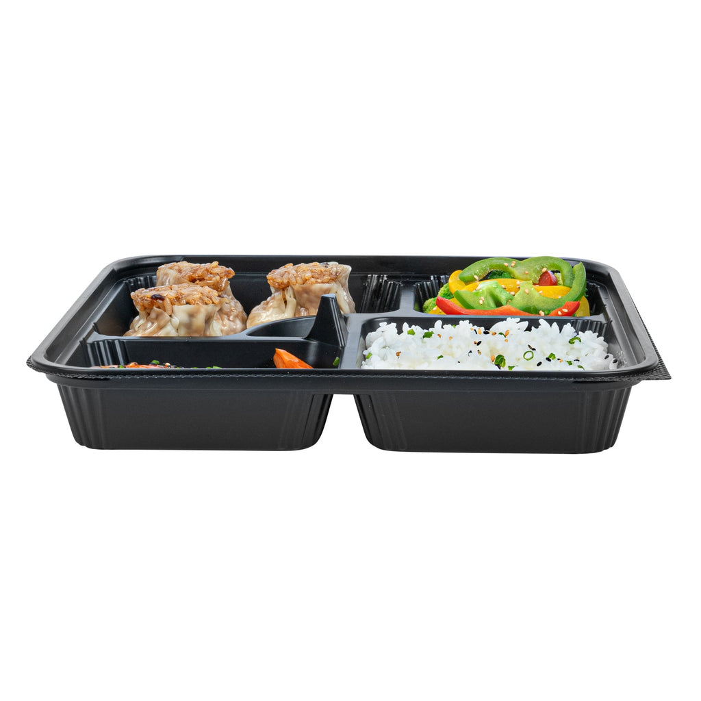 Bento Tek 40 oz Square Black Plastic Bento Box - 5 Compartments, Microwavable - 10 1/2" x 10 1/2" x 2" - 50 count box