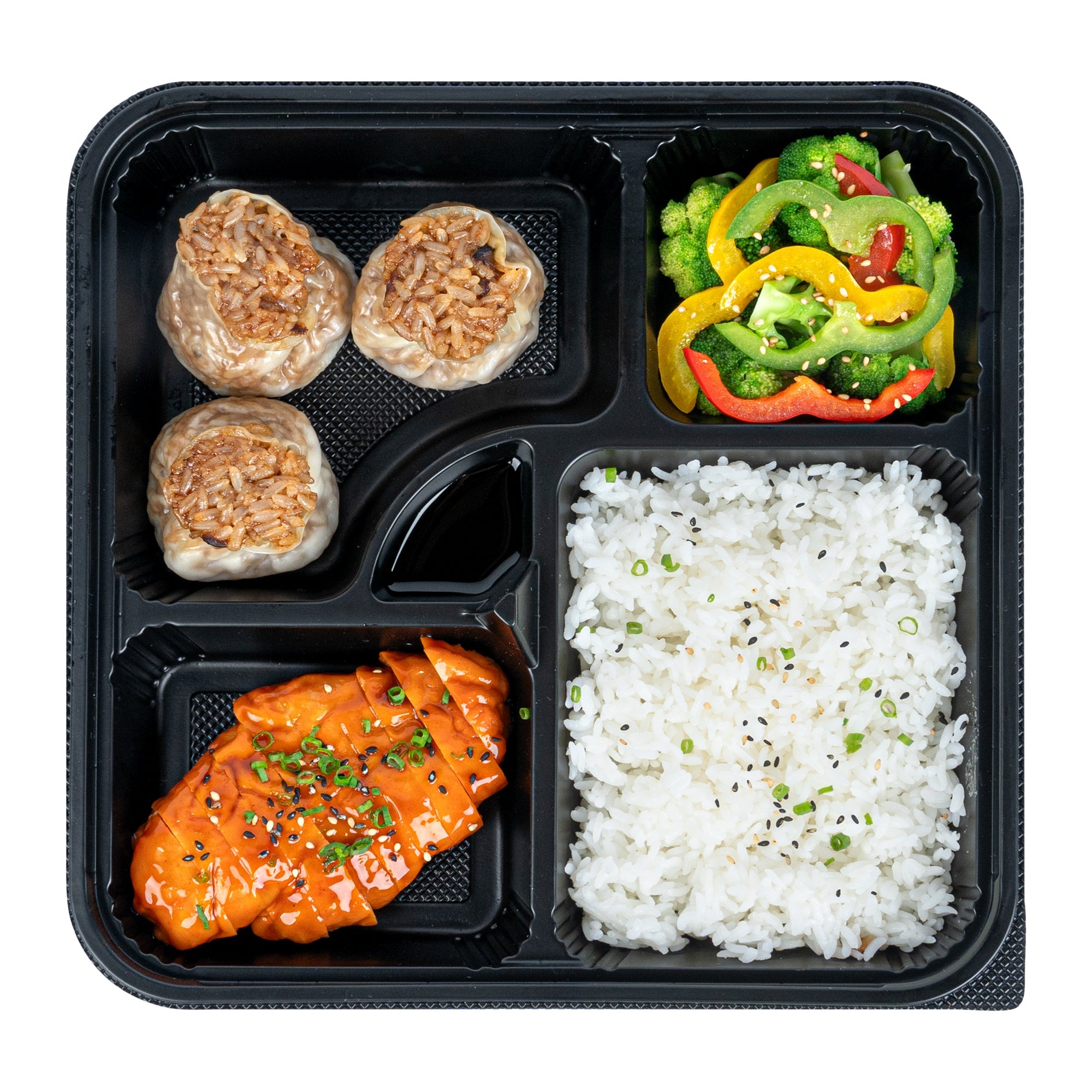 Bento Tek 40 oz Square Black Plastic Bento Box - 5 Compartments, Microwavable - 10 1/2" x 10 1/2" x 2" - 50 count box