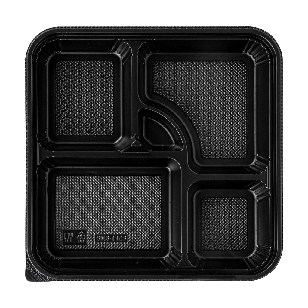 Bento Tek 40 oz Square Black Plastic Bento Box - 5 Compartments, Microwavable - 10 1/2" x 10 1/2" x 2" - 50 count box