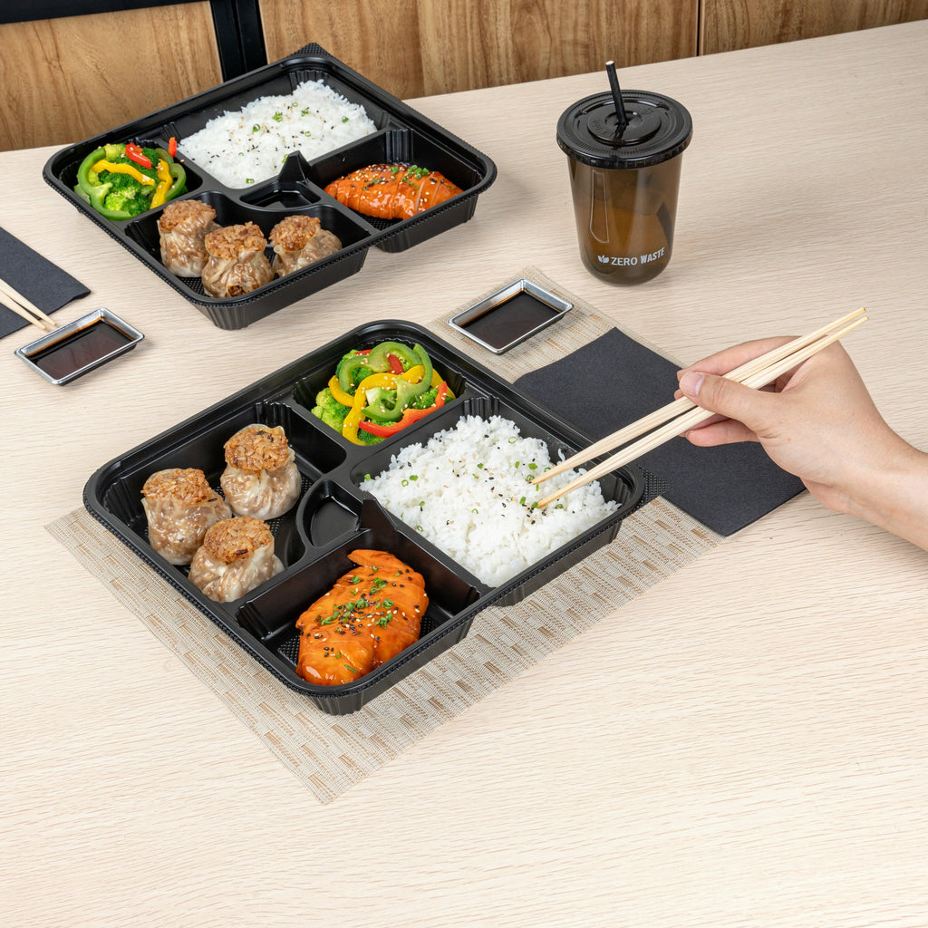 Bento Tek 40 oz Square Black Plastic Bento Box - 5 Compartments, Microwavable - 10 1/2" x 10 1/2" x 2" - 50 count box