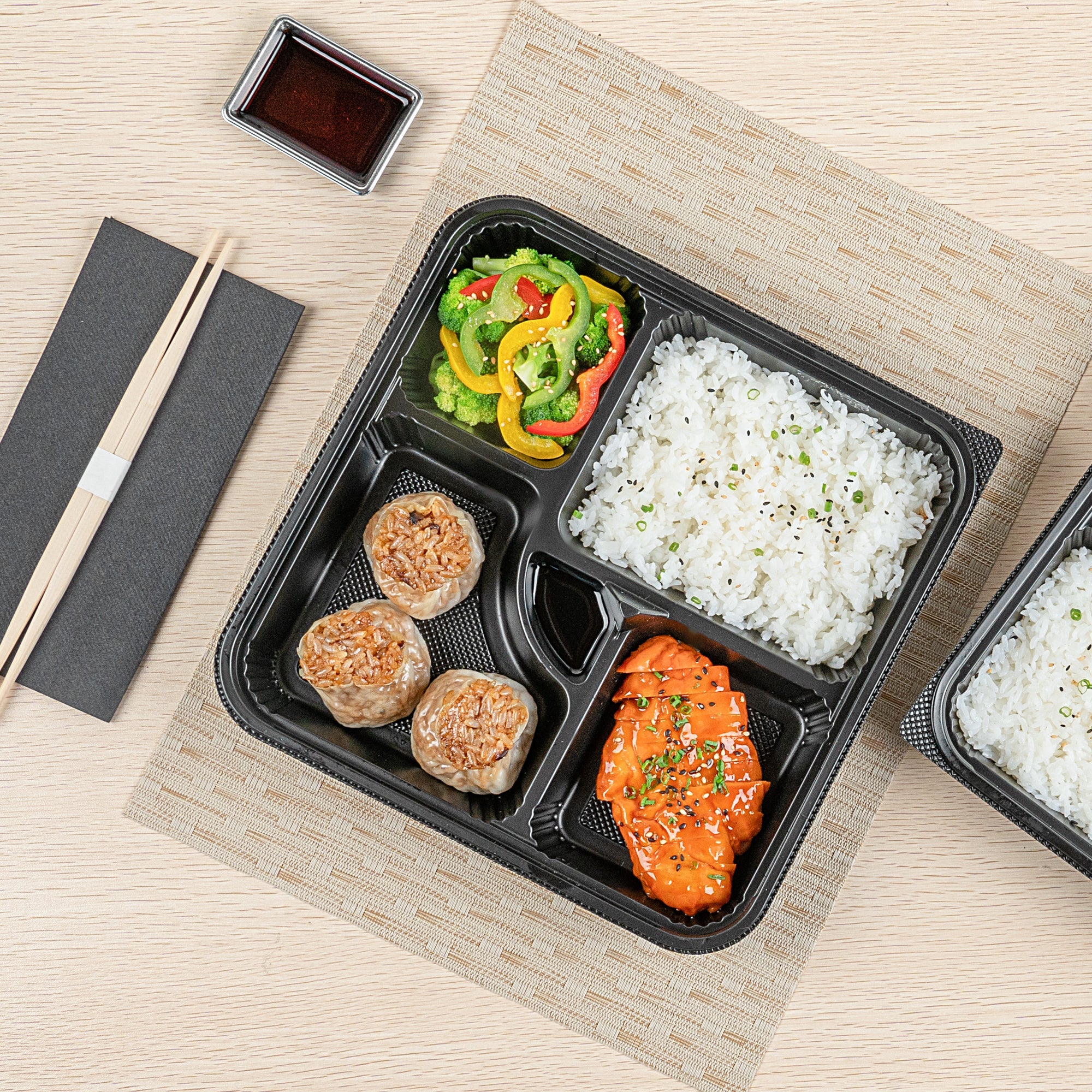 Bento Tek 40 oz Square Black Plastic Bento Box - 5 Compartments, Microwavable - 10 1/2" x 10 1/2" x 2" - 50 count box