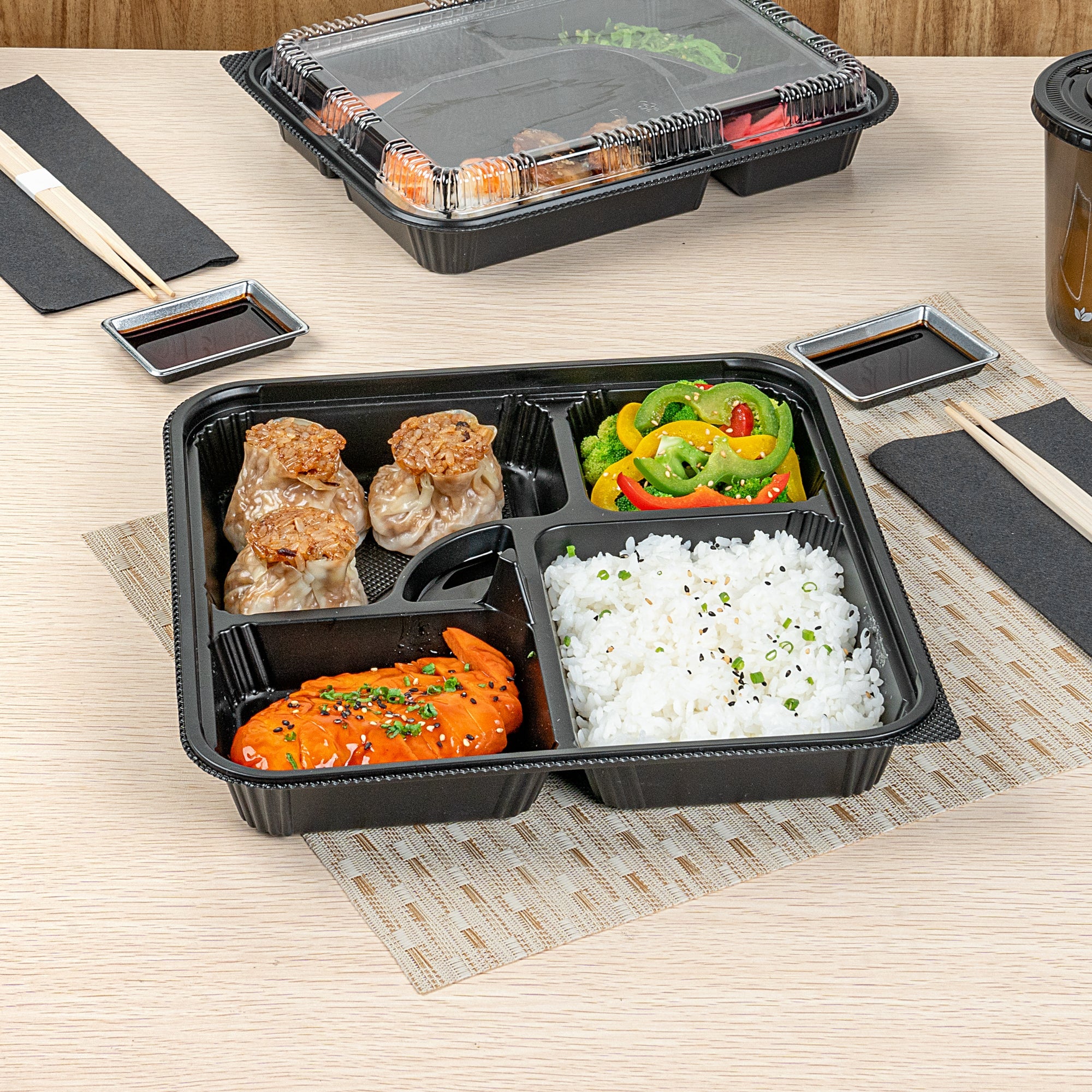 Bento Tek 40 oz Square Black Plastic Bento Box - 5 Compartments, Microwavable - 10 1/2" x 10 1/2" x 2" - 50 count box