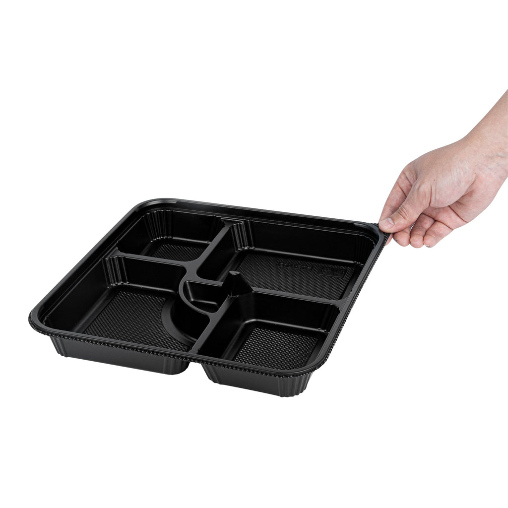 Bento Tek 40 oz Square Black Plastic Bento Box - 5 Compartments, Microwavable - 10 1/2" x 10 1/2" x 2" - 100 count box