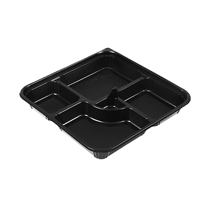 Bento Tek 40 oz Square Black Plastic Bento Box - 5 Compartments, Microwavable - 10 1/2" x 10 1/2" x 2" - 100 count box