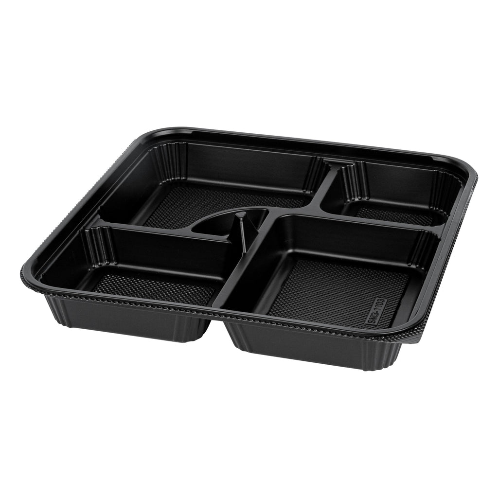 Bento Tek 40 oz Square Black Plastic Bento Box - 5 Compartments, Microwavable - 10 1/2" x 10 1/2" x 2" - 100 count box