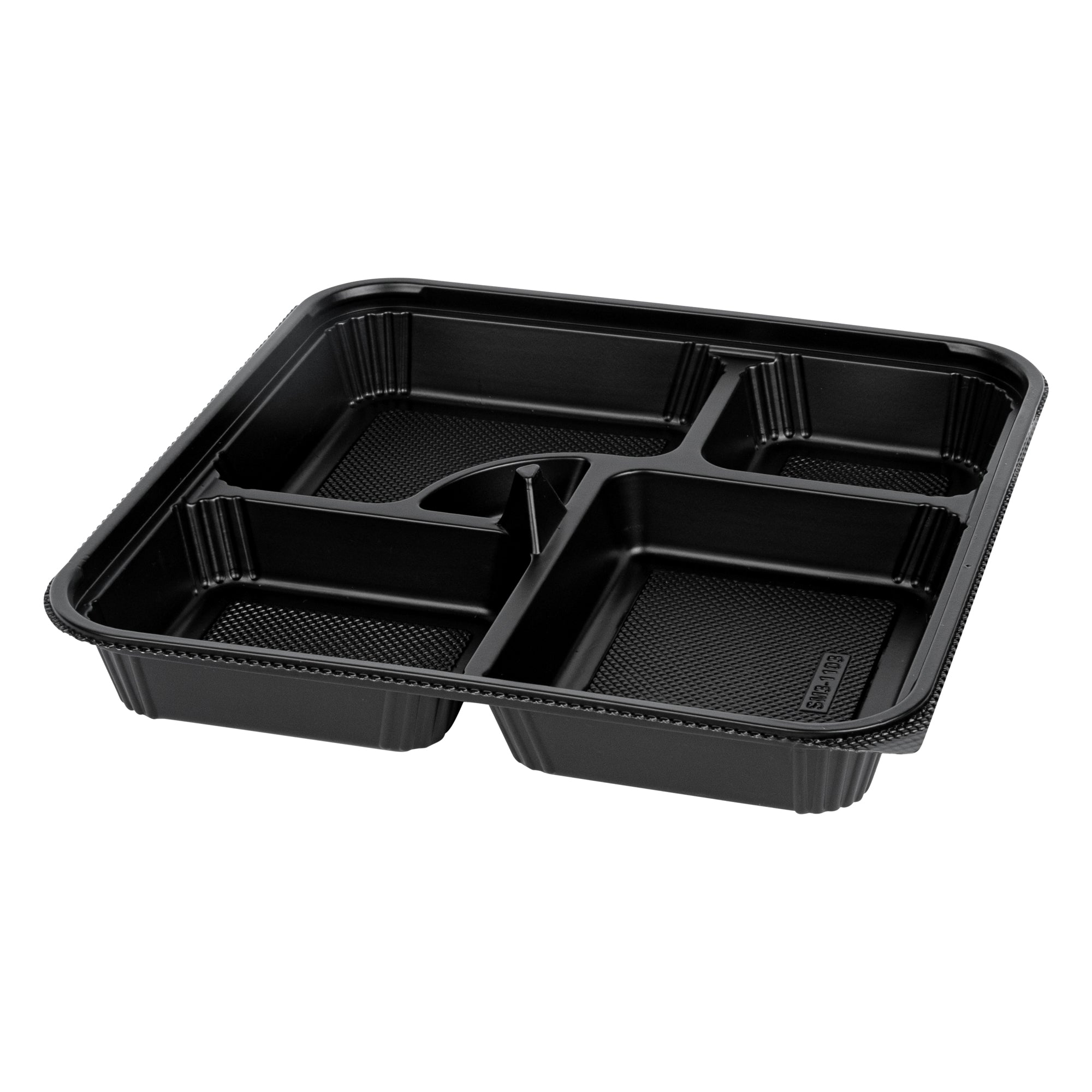 Bento Tek 40 oz Square Black Plastic Bento Box - 5 Compartments, Microwavable - 10 1/2" x 10 1/2" x 2" - 100 count box