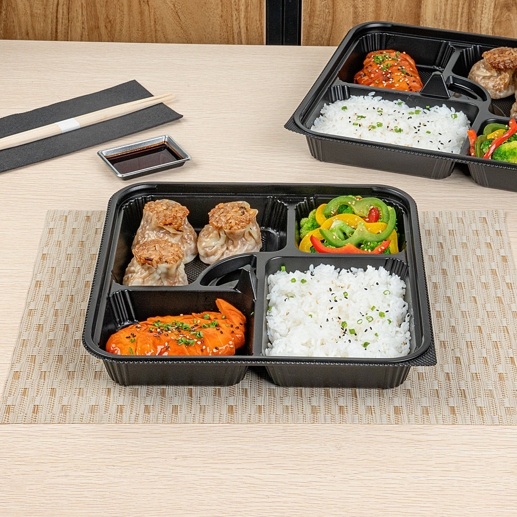 Bento Tek 40 oz Square Black Plastic Bento Box - 5 Compartments, Microwavable - 10 1/2" x 10 1/2" x 2" - 100 count box