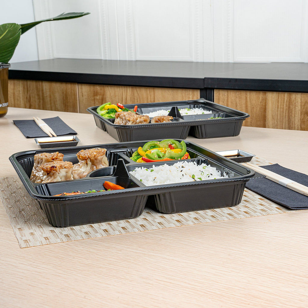 Bento Tek 40 oz Square Black Plastic Bento Box - 5 Compartments, Microwavable - 10 1/2" x 10 1/2" x 2" - 100 count box