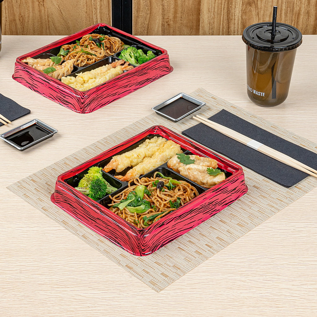 Bento Tek 15 oz Rectangle Red and Black Plastic Bento Box - 4 Compartments - 8 3/4" x 7 1/2" x 1 1/4" - 100 count box