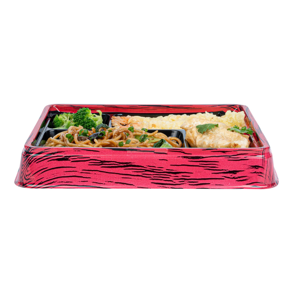 Bento Tek 15 oz Rectangle Red and Black Plastic Bento Box - 4 Compartments - 8 3/4'' x 7 1/2'' x 1 1/2'' - 50 count box
