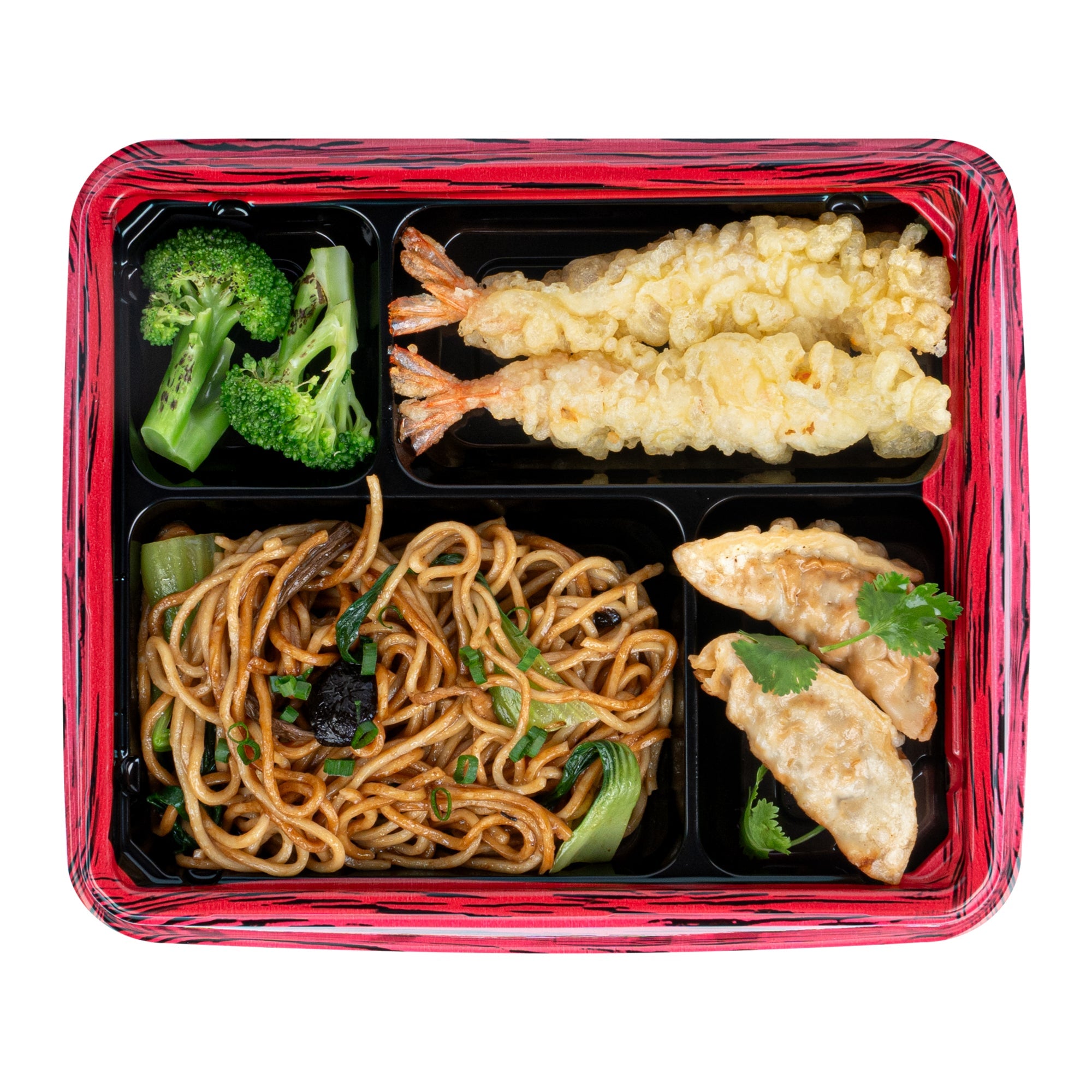 Bento Tek 15 oz Rectangle Red and Black Plastic Bento Box - 4 Compartments - 8 3/4'' x 7 1/2'' x 1 1/2'' - 50 count box
