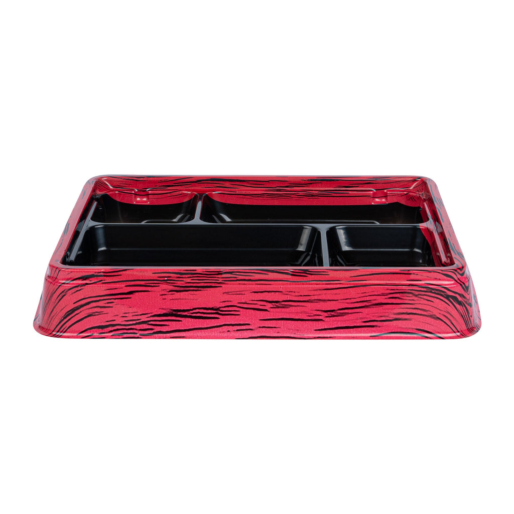 Bento Tek 15 oz Rectangle Red and Black Plastic Bento Box - 4 Compartments - 8 3/4'' x 7 1/2'' x 1 1/2'' - 50 count box