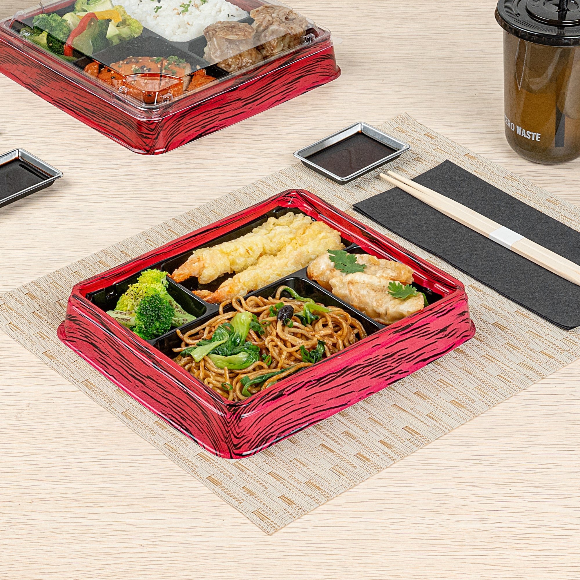 Bento Tek 15 oz Rectangle Red and Black Plastic Bento Box - 4 Compartments - 8 3/4'' x 7 1/2'' x 1 1/2'' - 50 count box
