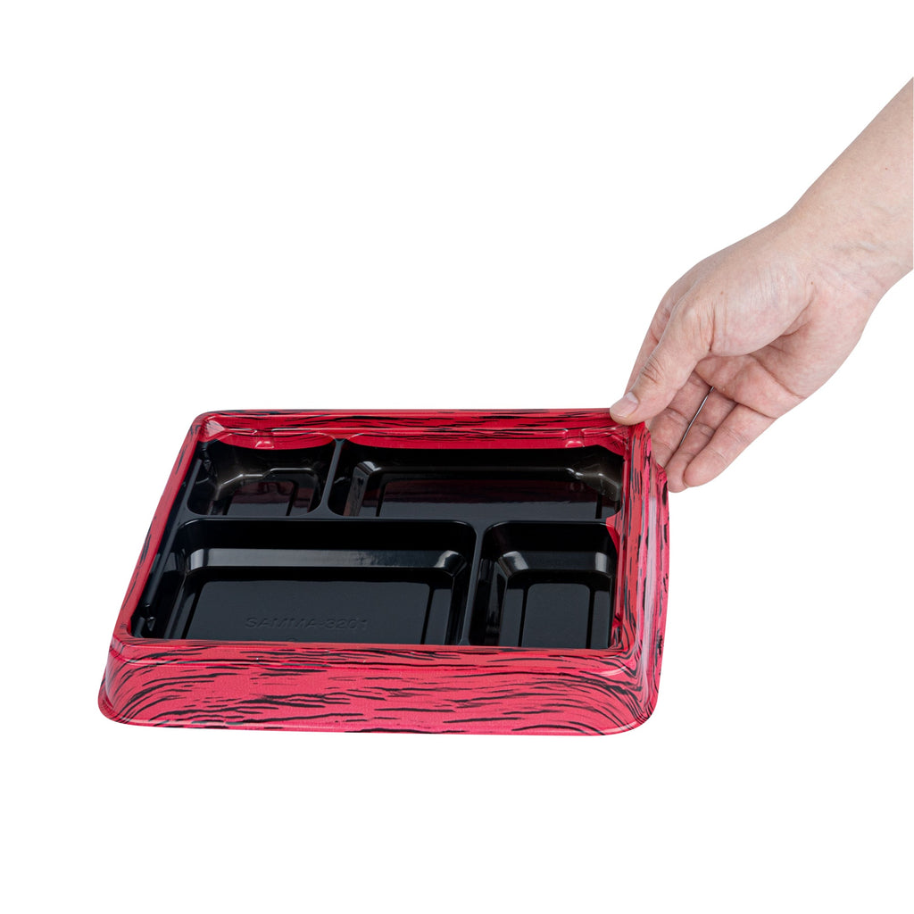Bento Tek 15 oz Rectangle Red and Black Plastic Bento Box - 4 Compartments - 8 3/4" x 7 1/2" x 1 1/4" - 100 count box