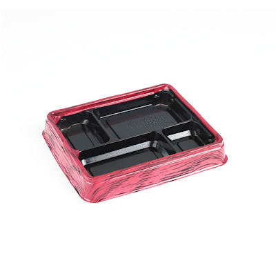 Bento Tek 15 oz Rectangle Red and Black Plastic Bento Box - 4 Compartments - 8 3/4" x 7 1/2" x 1 1/4" - 100 count box