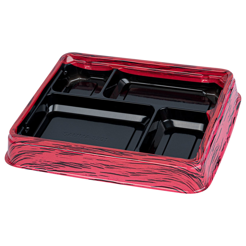 Bento Tek 15 oz Rectangle Red and Black Plastic Bento Box - 4 Compartments - 8 3/4" x 7 1/2" x 1 1/4" - 100 count box