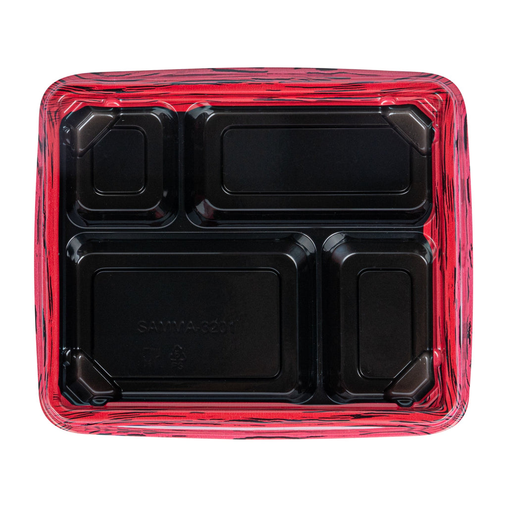 Bento Tek 15 oz Rectangle Red and Black Plastic Bento Box - 4 Compartments - 8 3/4" x 7 1/2" x 1 1/4" - 100 count box