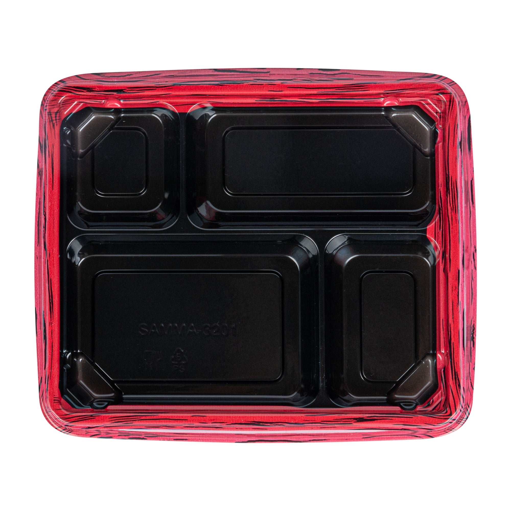 Bento Tek 15 oz Rectangle Red and Black Plastic Bento Box - 4 Compartments - 8 3/4" x 7 1/2" x 1 1/4" - 100 count box
