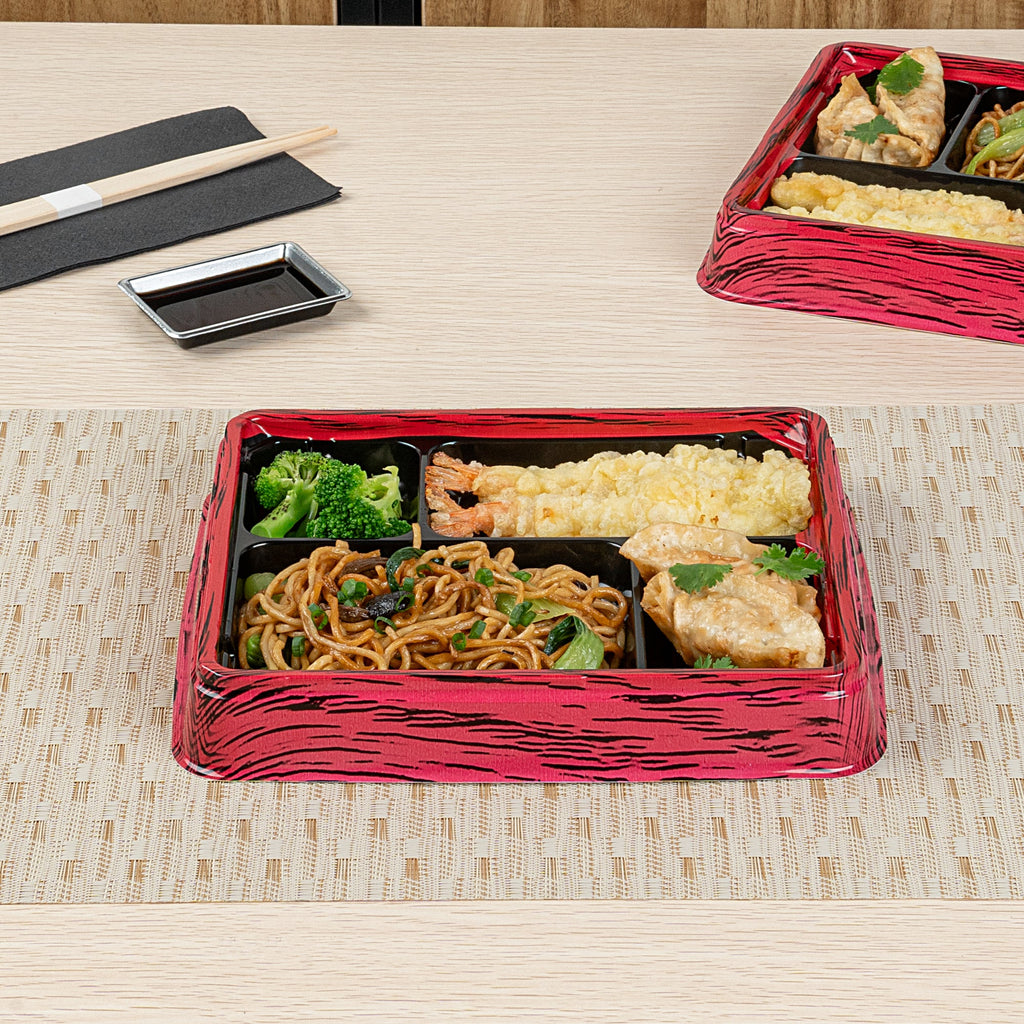 Bento Tek 15 oz Rectangle Red and Black Plastic Bento Box - 4 Compartments - 8 3/4" x 7 1/2" x 1 1/4" - 100 count box