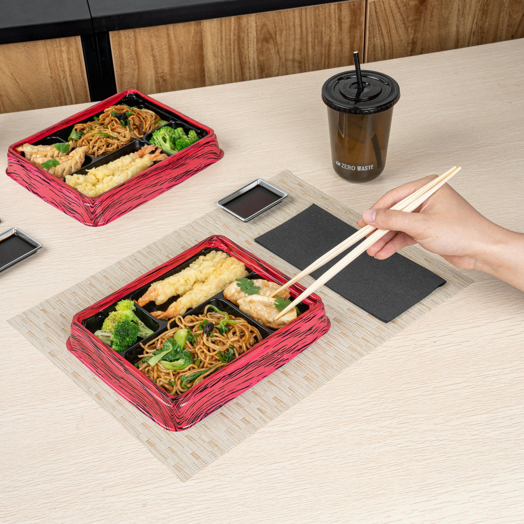 Bento Tek 15 oz Rectangle Red and Black Plastic Bento Box - 4 Compartments - 8 3/4" x 7 1/2" x 1 1/4" - 100 count box