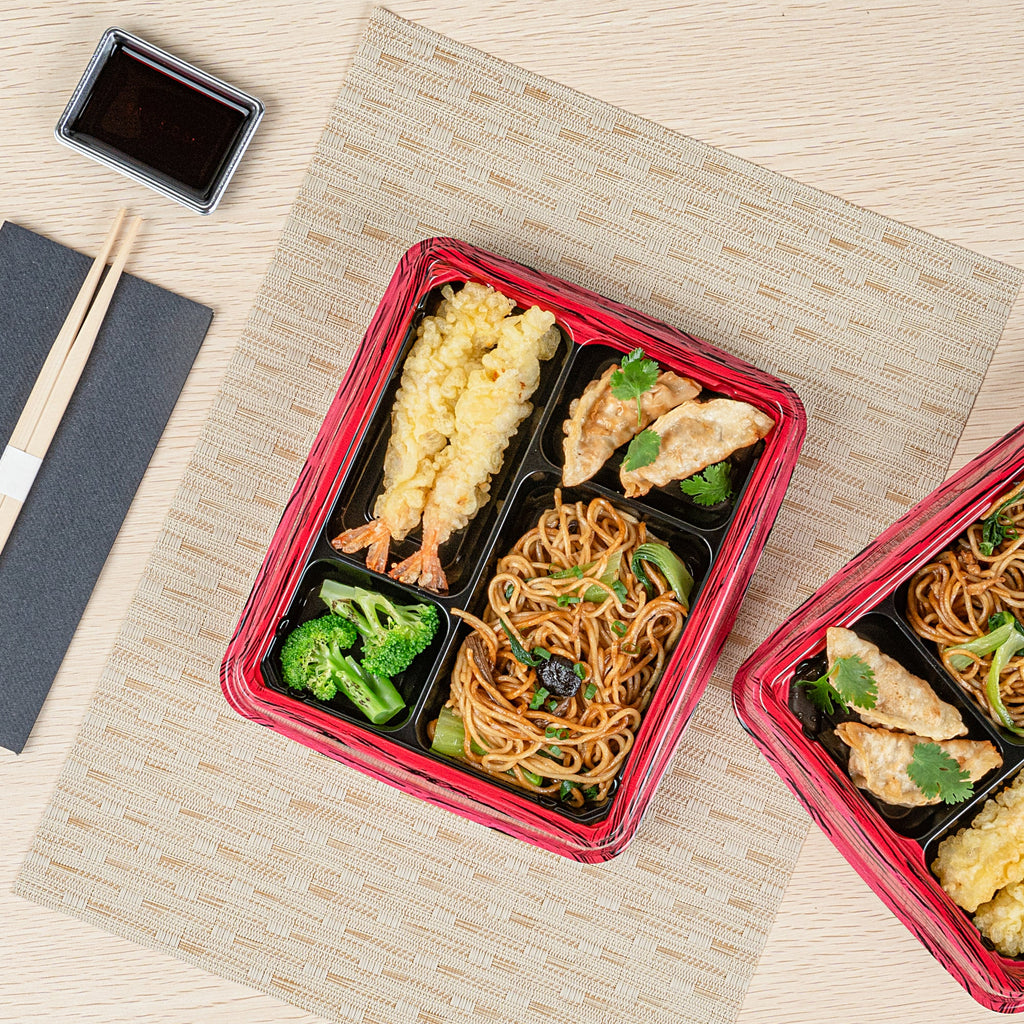 Bento Tek 15 oz Rectangle Red and Black Plastic Bento Box - 4 Compartments - 8 3/4" x 7 1/2" x 1 1/4" - 100 count box
